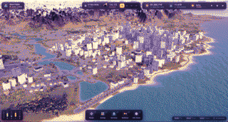 The generated city, dithered into the site's 32 colours: towers packed onto a headland, a bay cutting inland, mountains behind, the game's own HUD across the top.